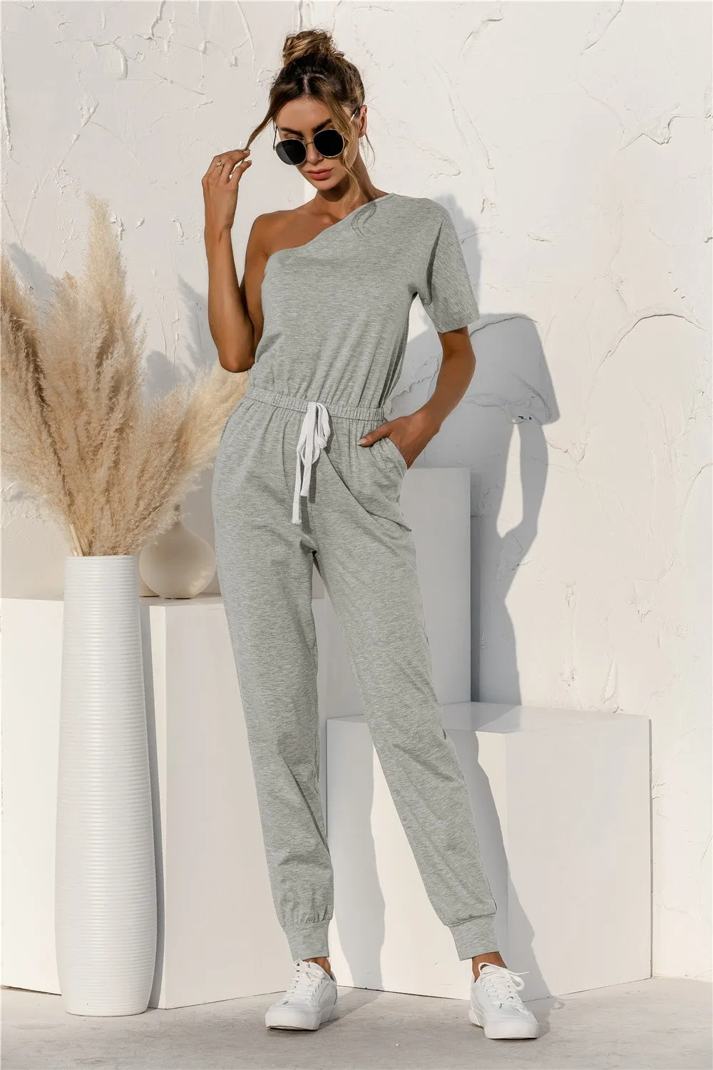 TEEK - Heather Grey Single Shoulder Short Sleeve Jumpsuit