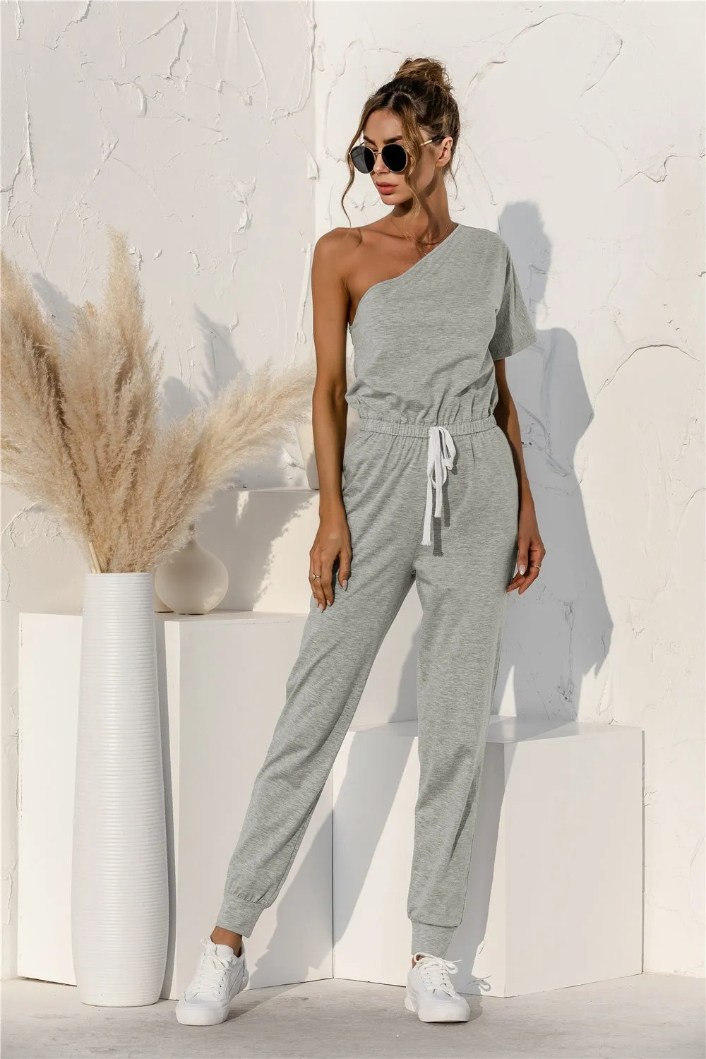 TEEK - Heather Grey Single Shoulder Short Sleeve Jumpsuit