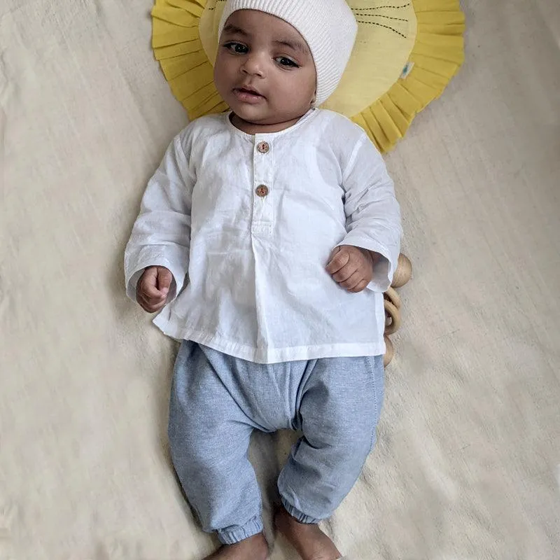 UNISEX ORGANIC ESSENTIAL WHITE KURTA   BLUE CHAMBRAY PANTS