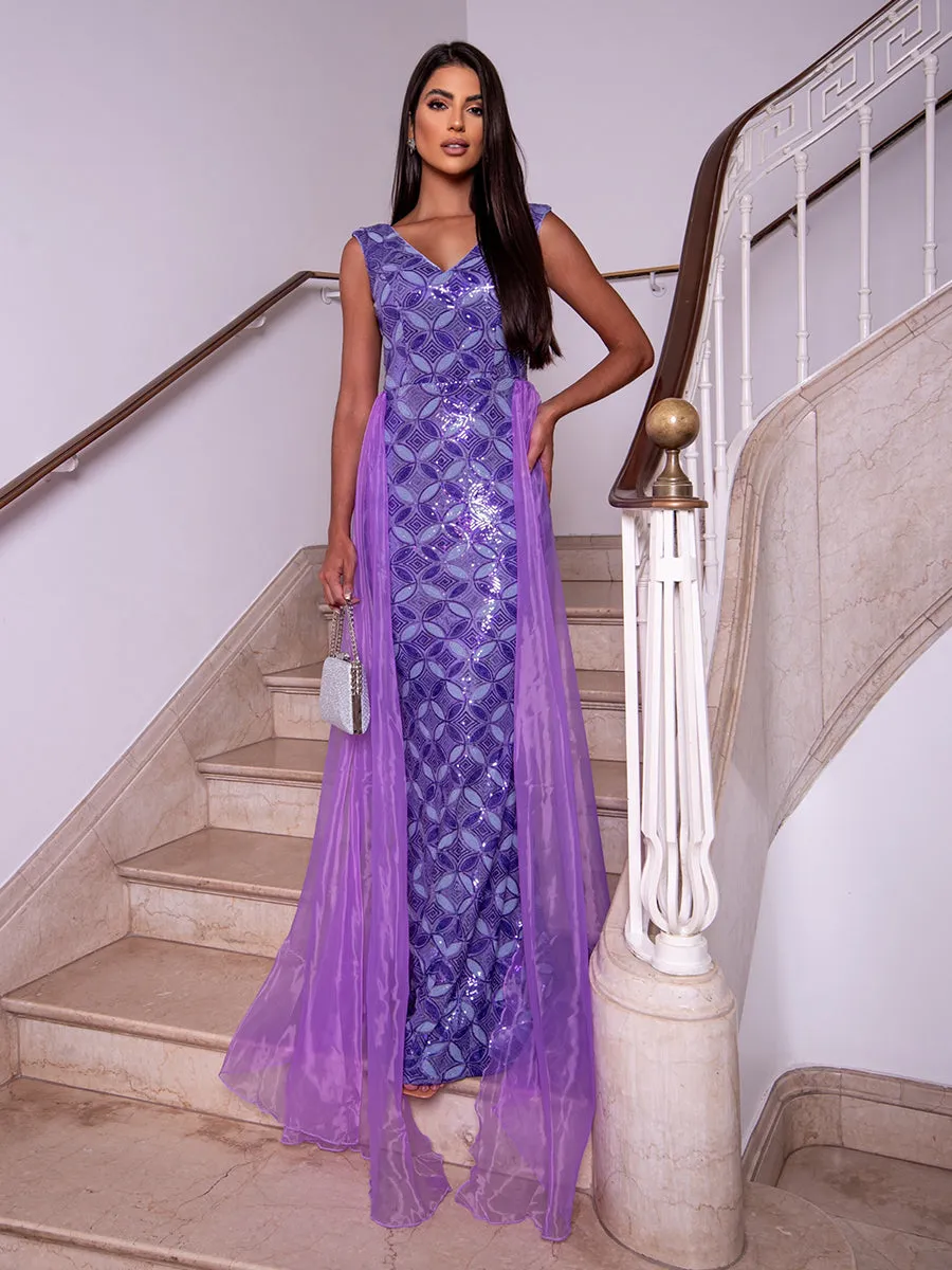 V-neck Sleeveless Panel Mesh Purple Sequin Prom Dress RM20648