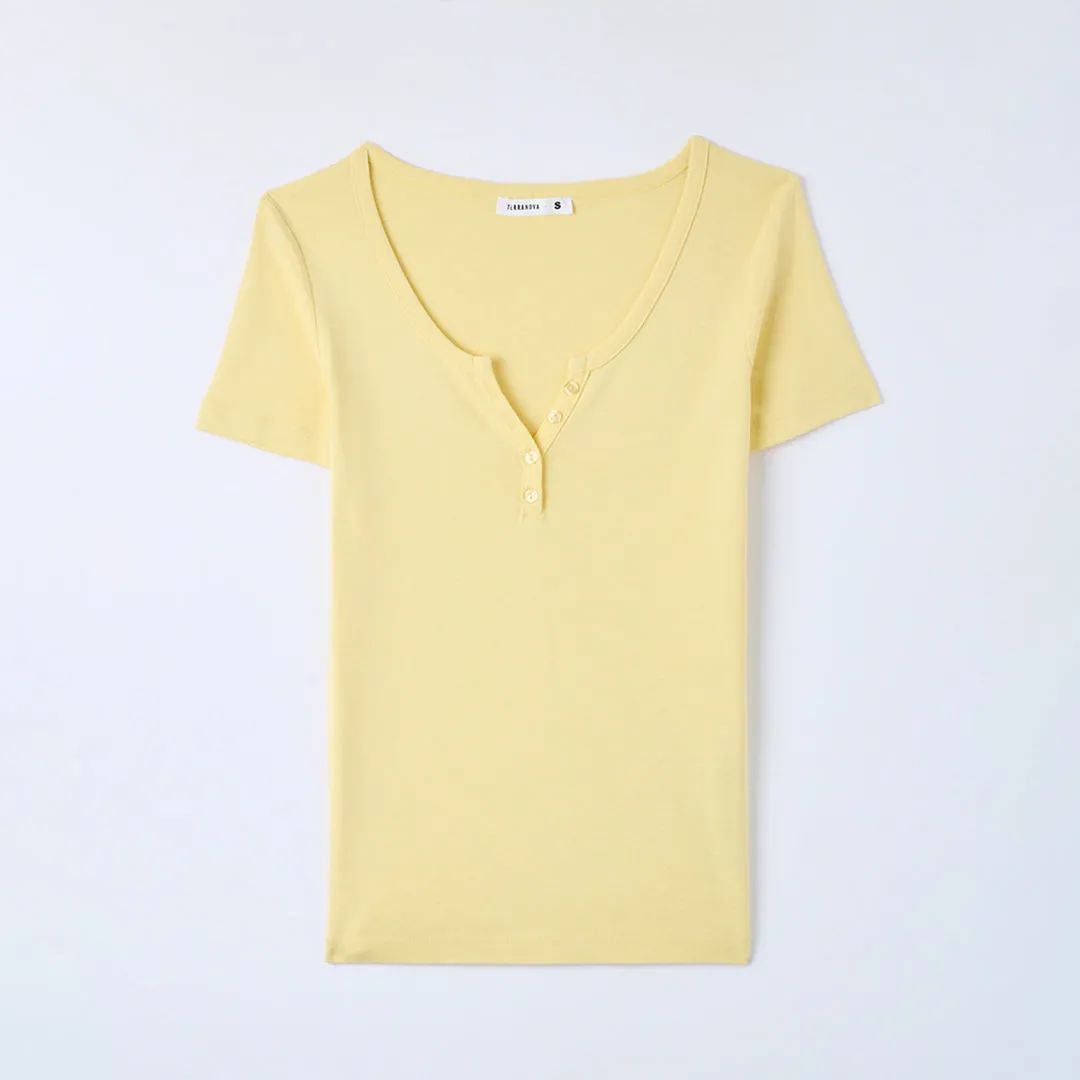 Wide Neckline Fitted Henley T-Shirt