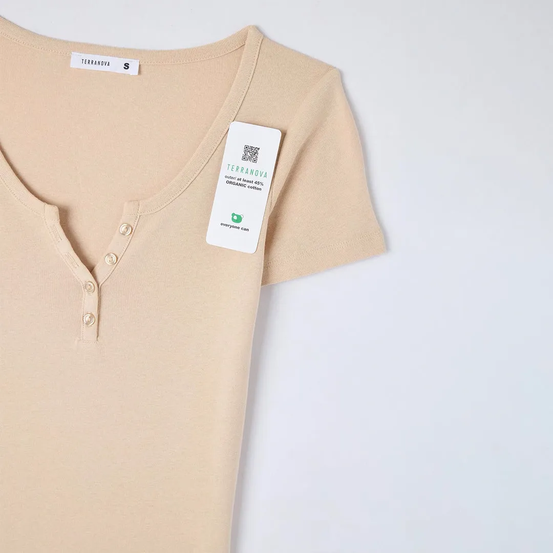 Wide Neckline Fitted Henley T-Shirt