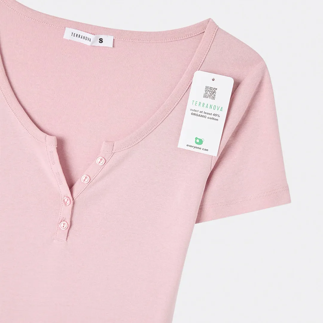 Wide Neckline Fitted Henley T-Shirt