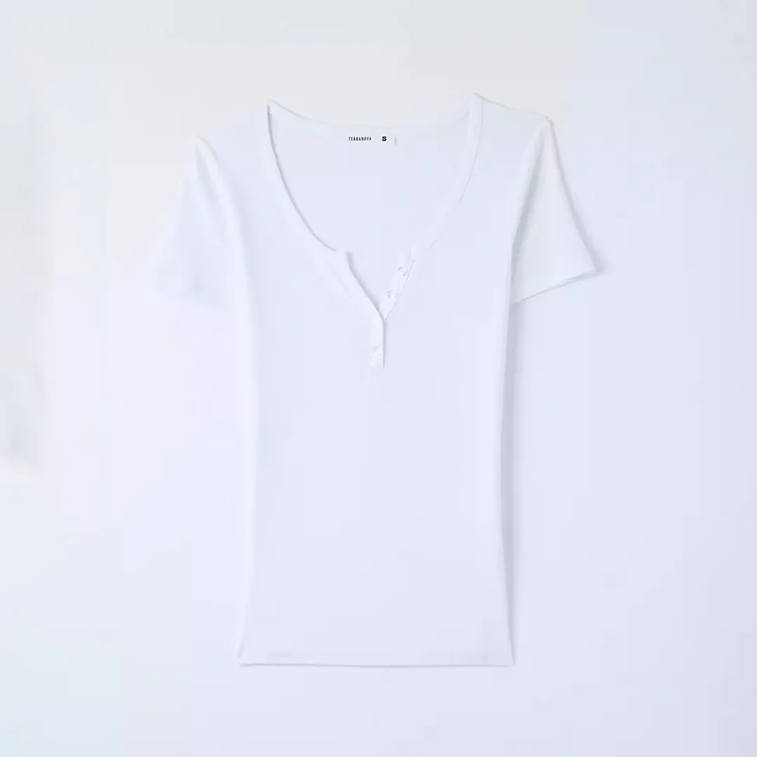 Wide Neckline Fitted Henley T-Shirt