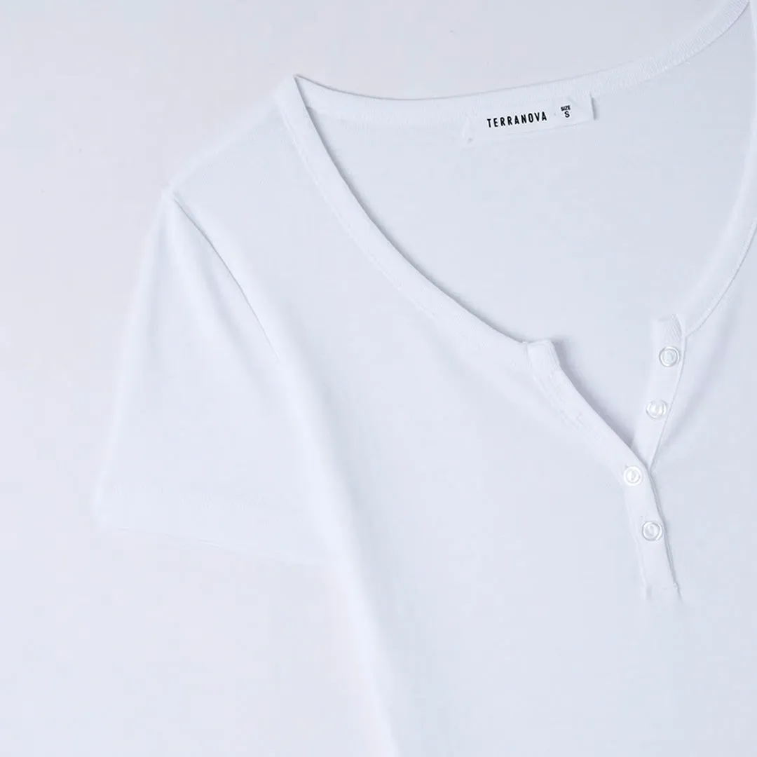 Wide Neckline Fitted Henley T-Shirt