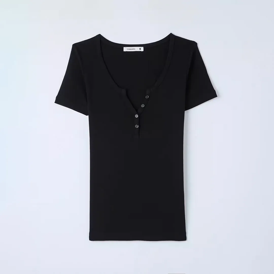 Wide Neckline Fitted Henley T-Shirt