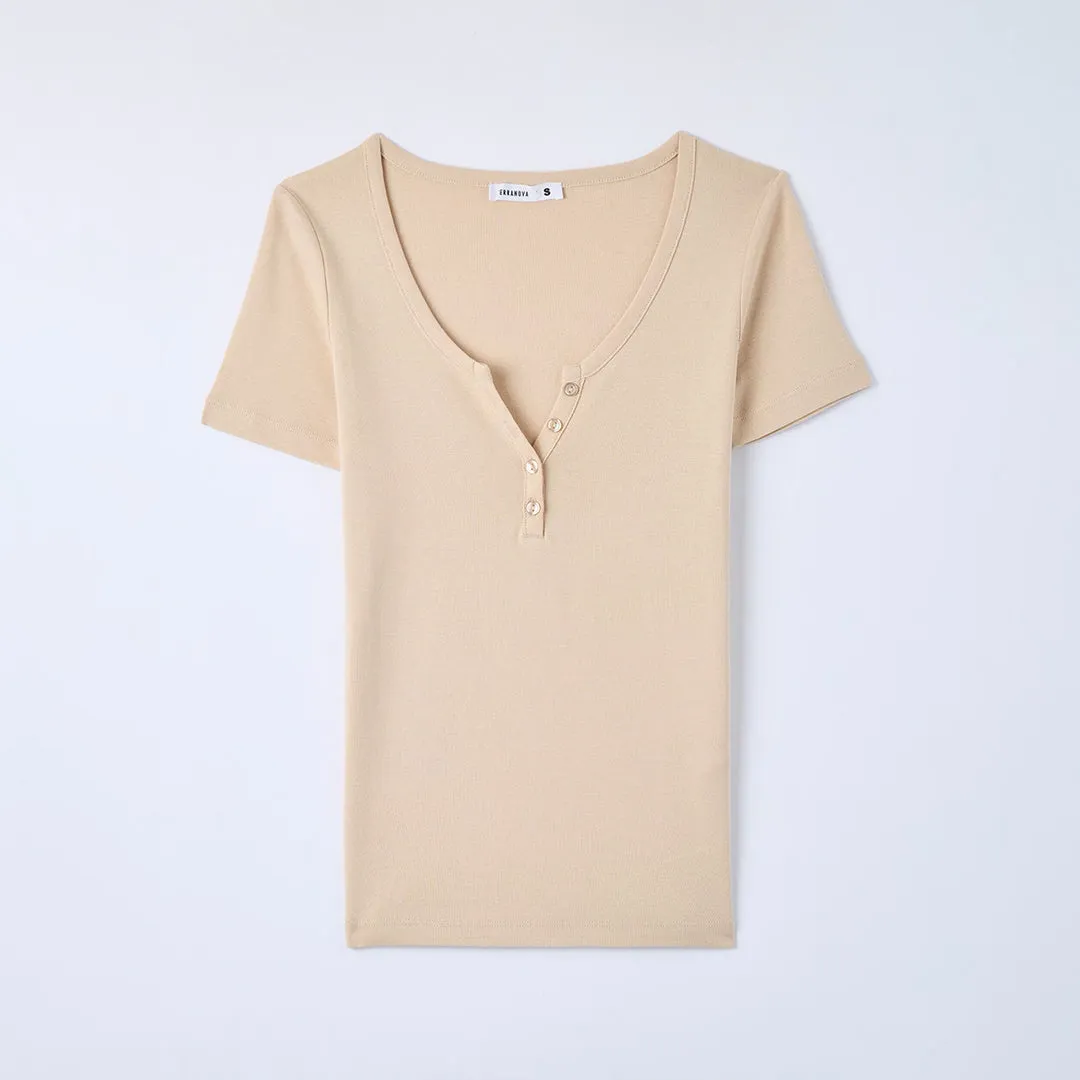 Wide Neckline Fitted Henley T-Shirt