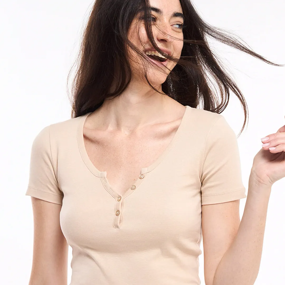 Wide Neckline Fitted Henley T-Shirt