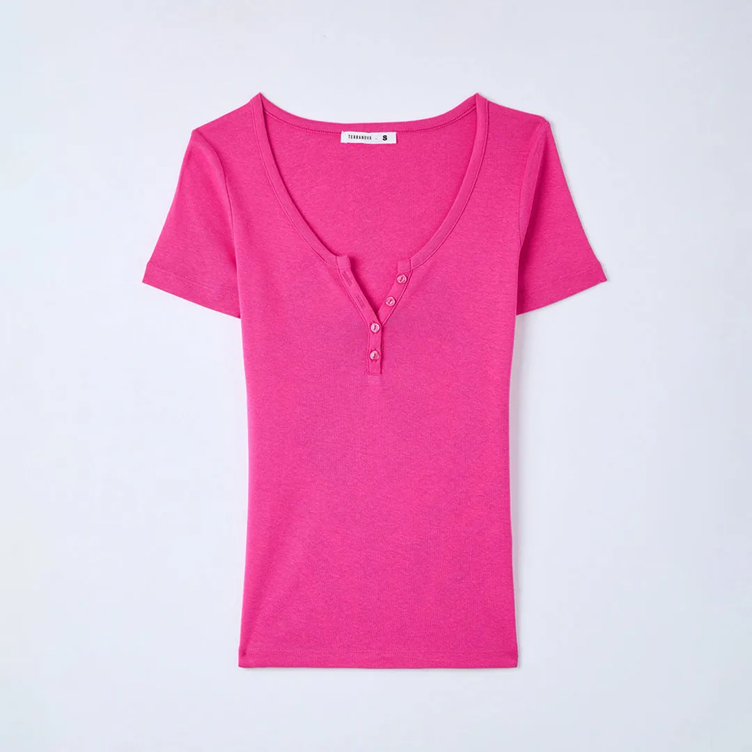 Wide Neckline Fitted Henley T-Shirt