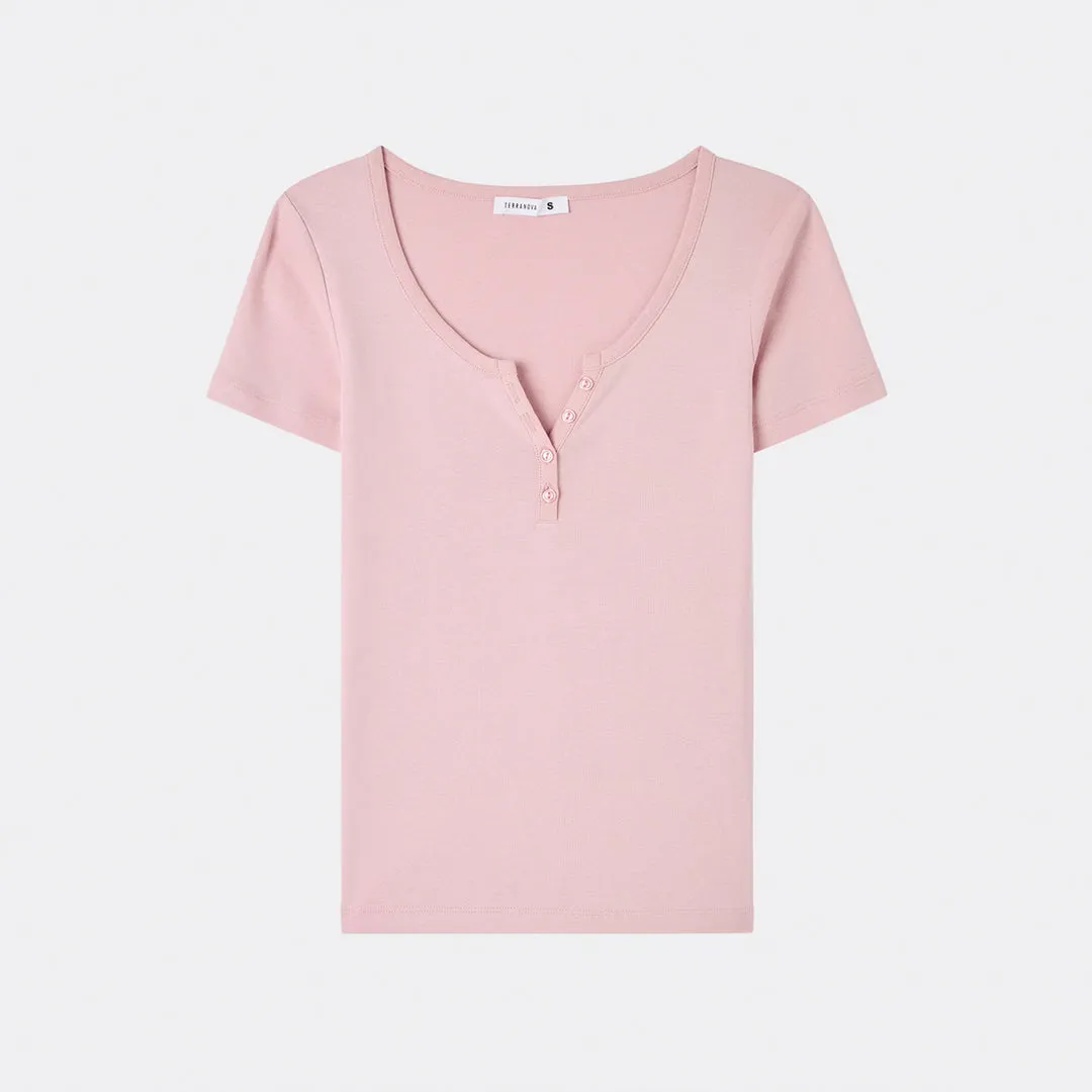 Wide Neckline Fitted Henley T-Shirt