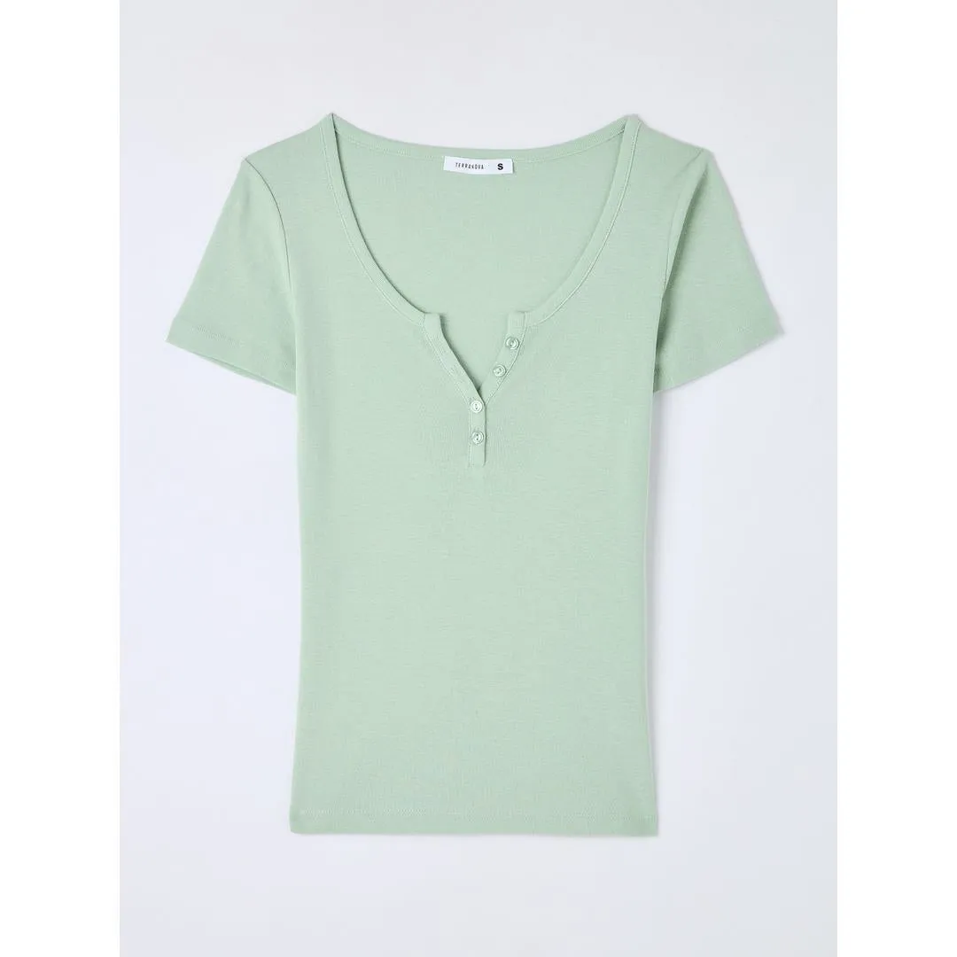 Wide Neckline Fitted Henley T-Shirt
