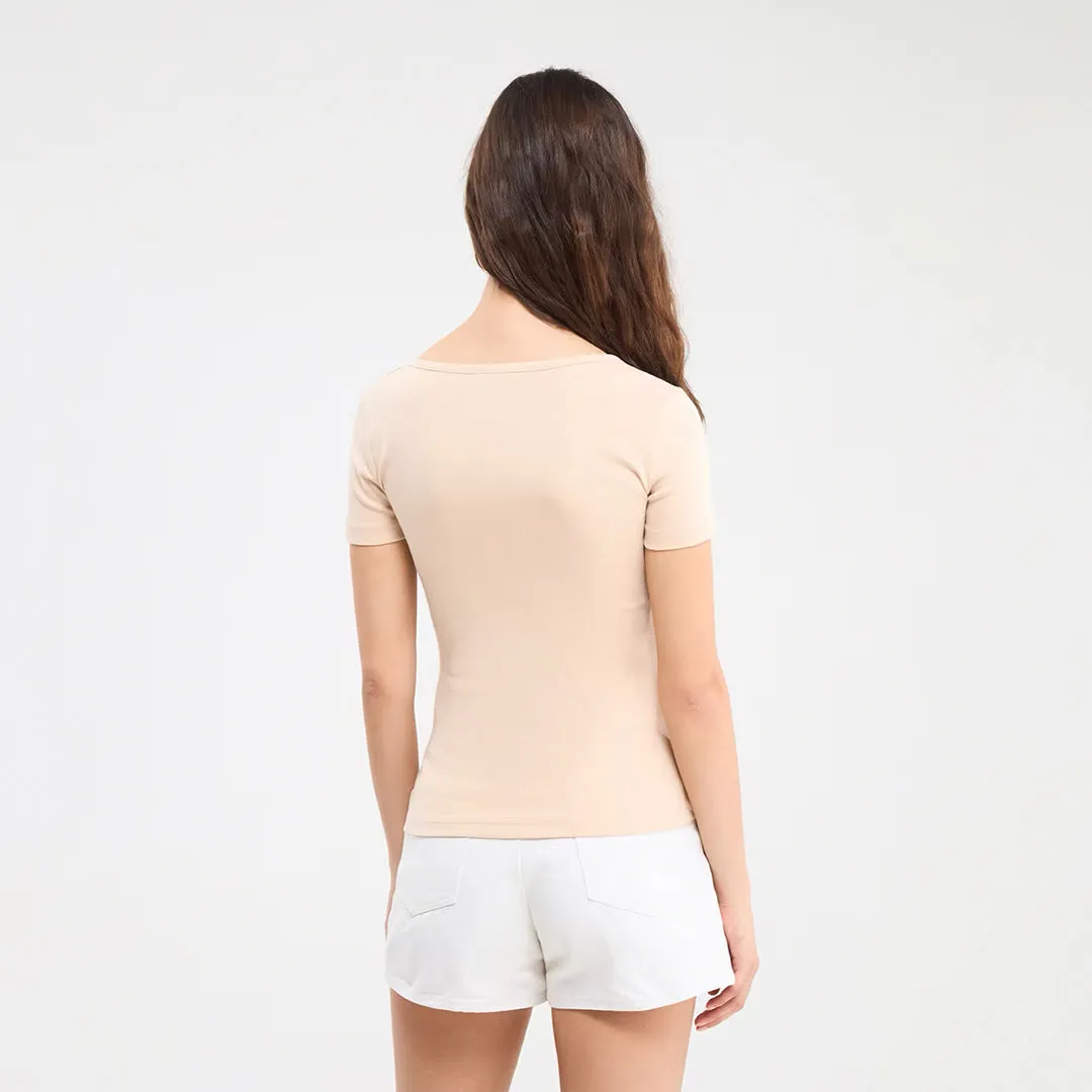 Wide Neckline Fitted Henley T-Shirt