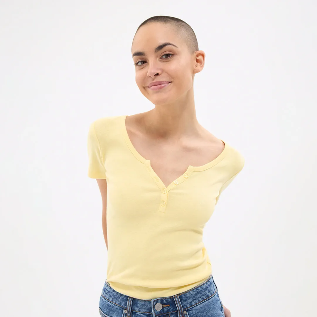 Wide Neckline Fitted Henley T-Shirt
