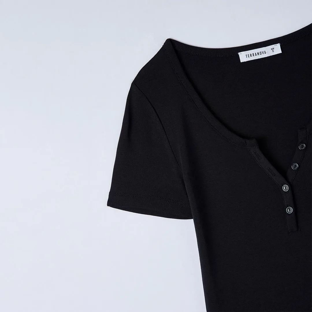 Wide Neckline Fitted Henley T-Shirt