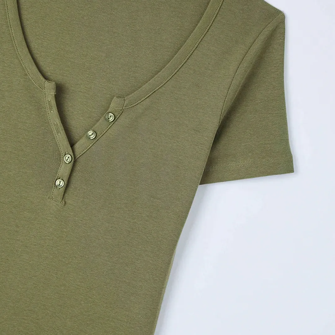 Wide Neckline Fitted Henley T-Shirt