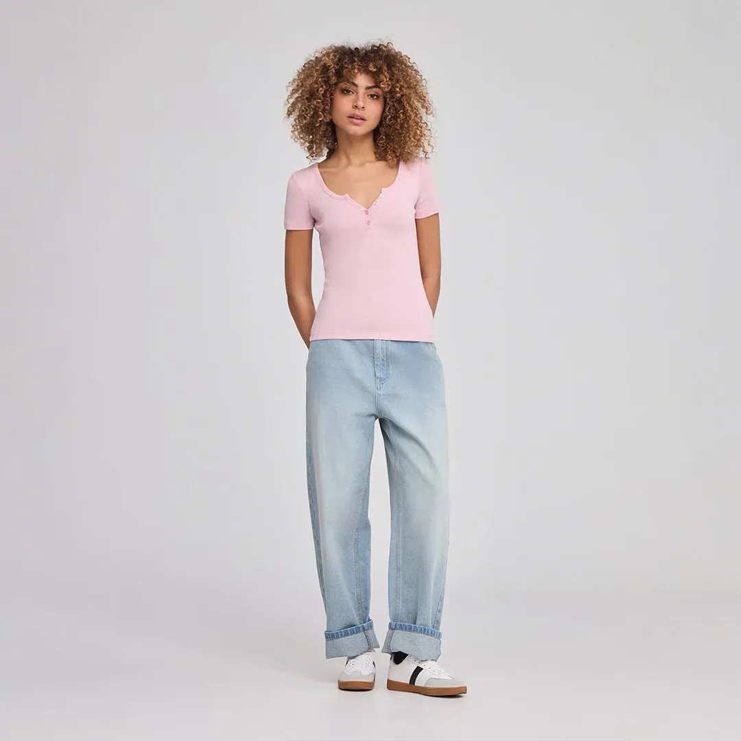 Wide Neckline Fitted Henley T-Shirt