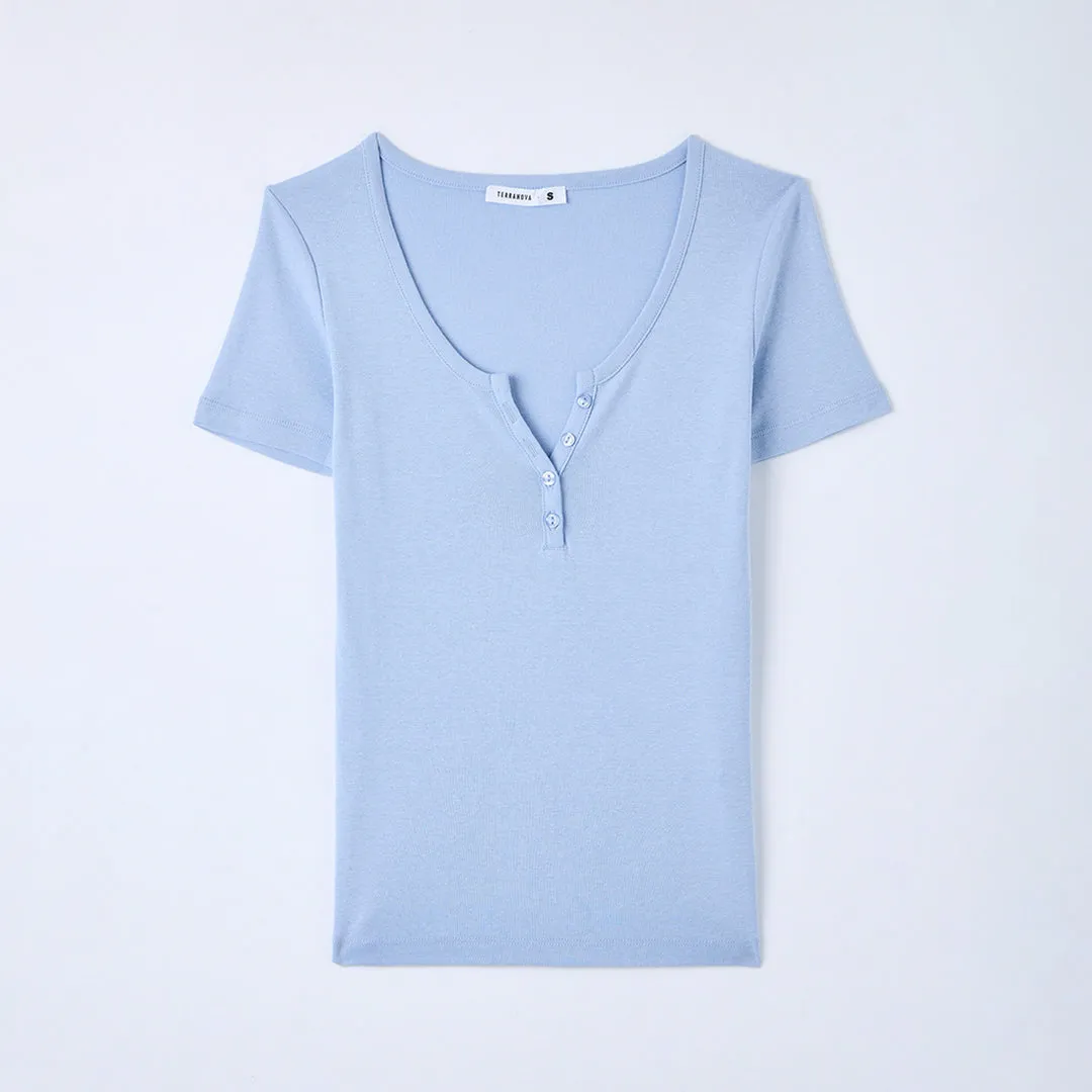 Wide Neckline Fitted Henley T-Shirt