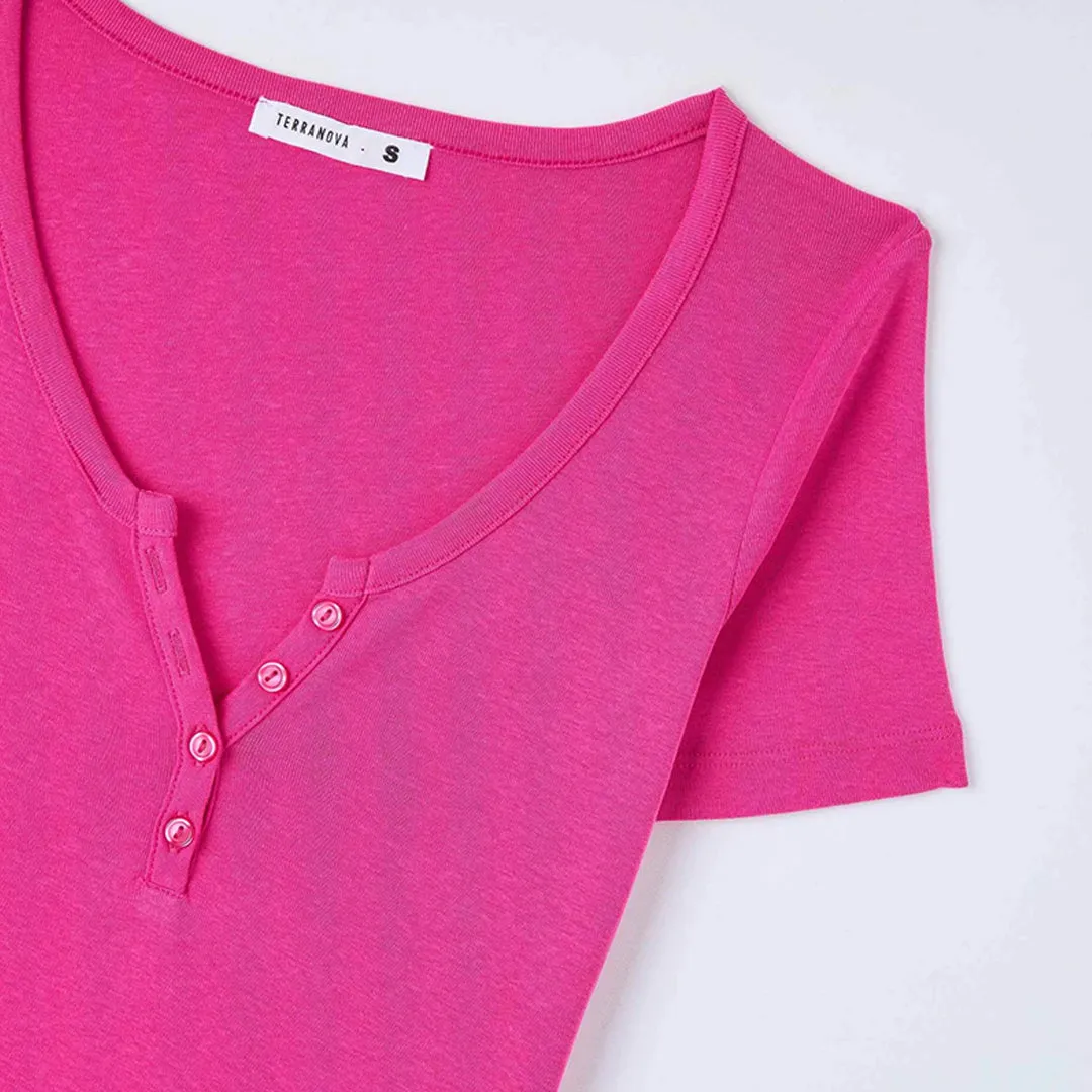 Wide Neckline Fitted Henley T-Shirt