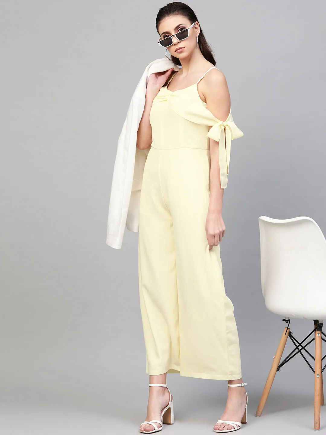 Women Off-White Tie Up Sleeve Detail Jumpsuit