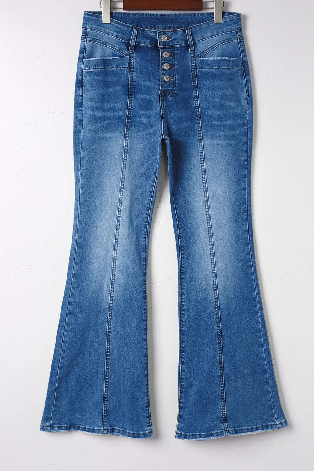 Women's Pockets Button Fly Seamed Flare Jeans