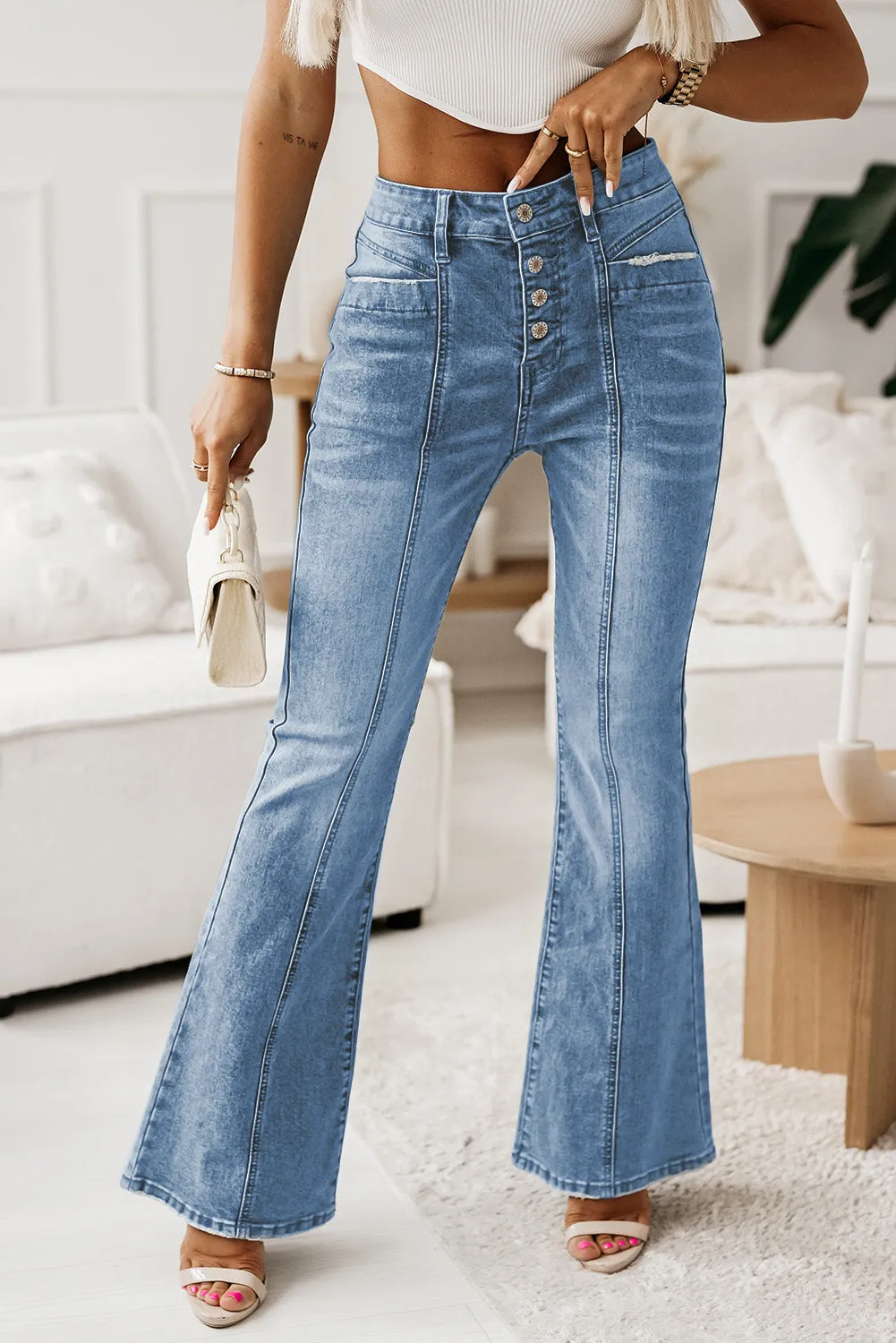 Women's Pockets Button Fly Seamed Flare Jeans