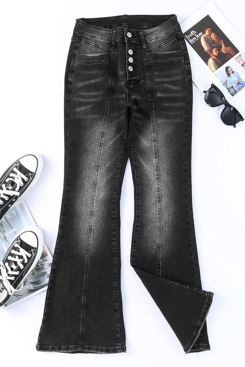 Women's Pockets Button Fly Seamed Flare Jeans