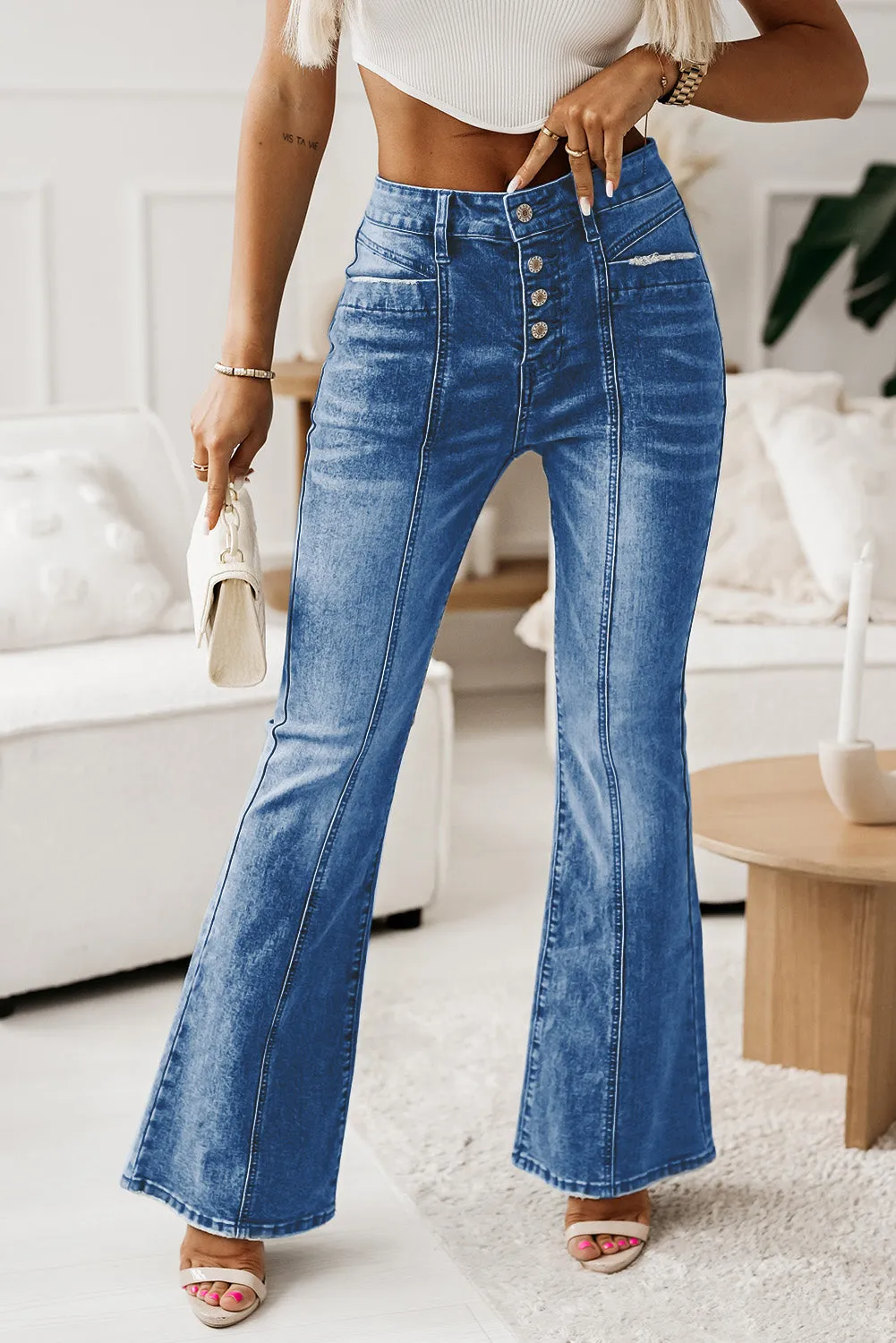 Women's Pockets Button Fly Seamed Flare Jeans