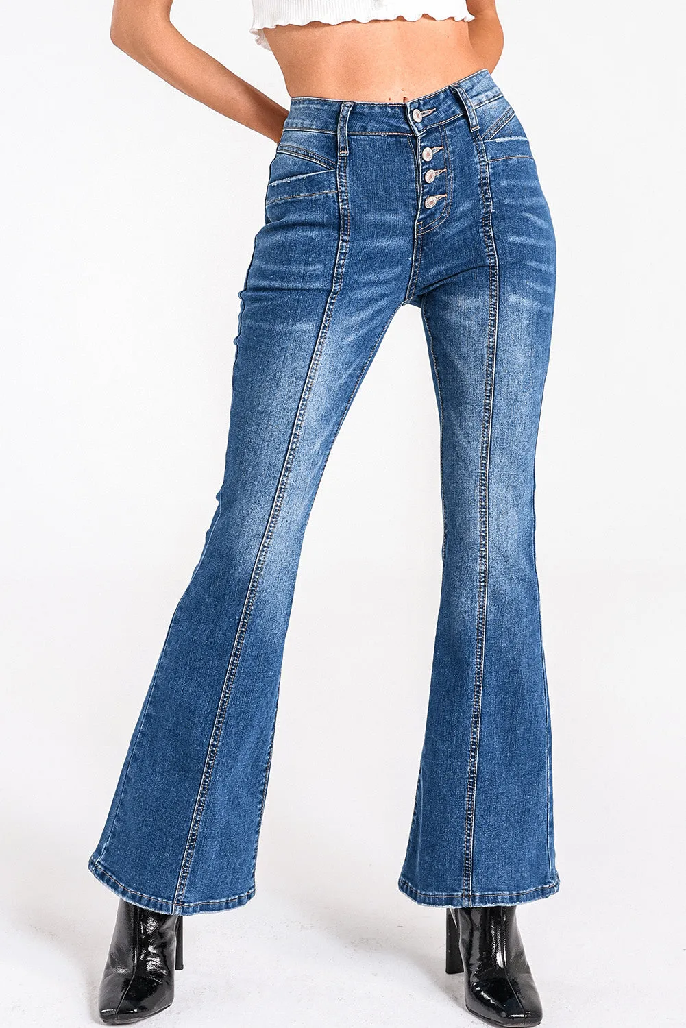 Women's Pockets Button Fly Seamed Flare Jeans