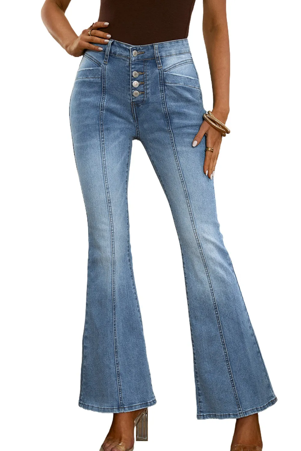 Women's Pockets Button Fly Seamed Flare Jeans