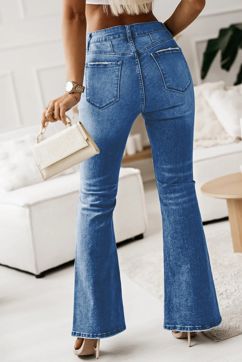 Women's Pockets Button Fly Seamed Flare Jeans