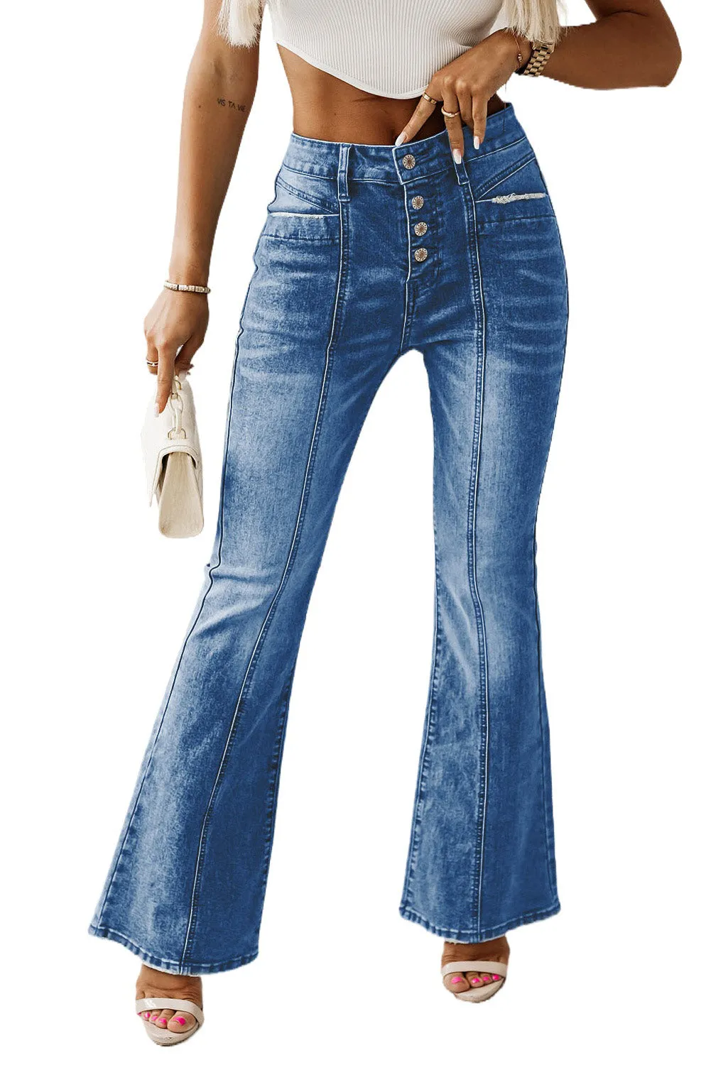 Women's Pockets Button Fly Seamed Flare Jeans