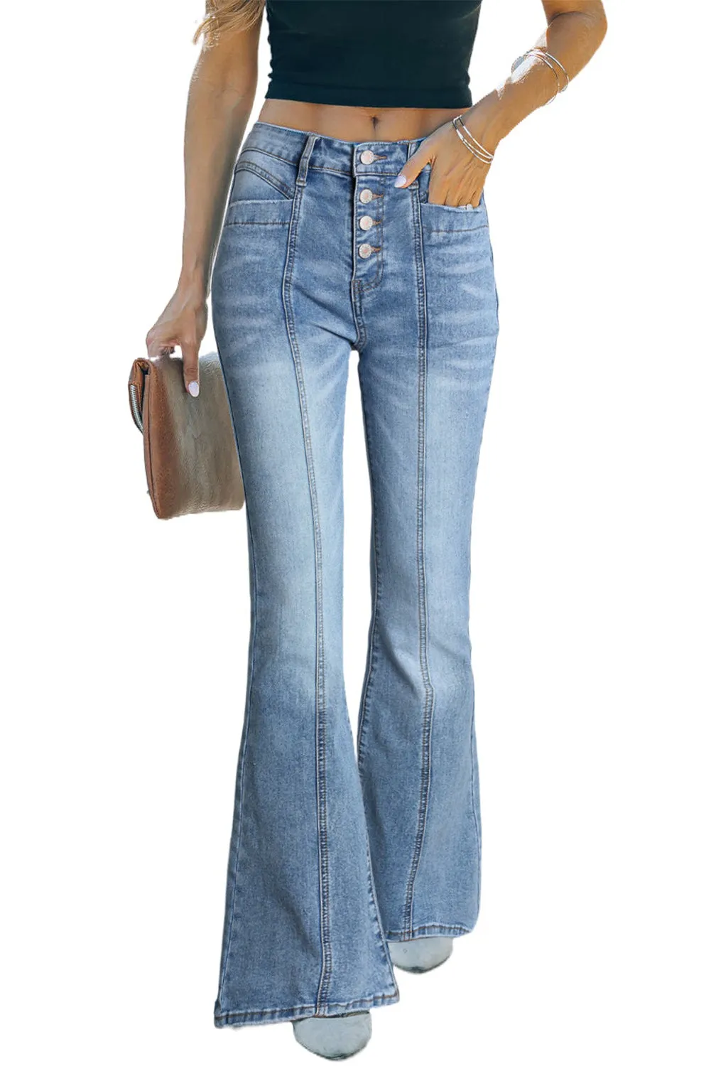 Women's Pockets Button Fly Seamed Flare Jeans
