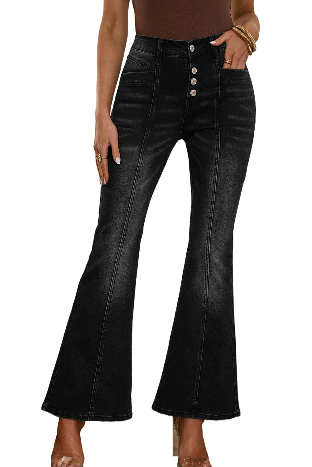 Women's Pockets Button Fly Seamed Flare Jeans