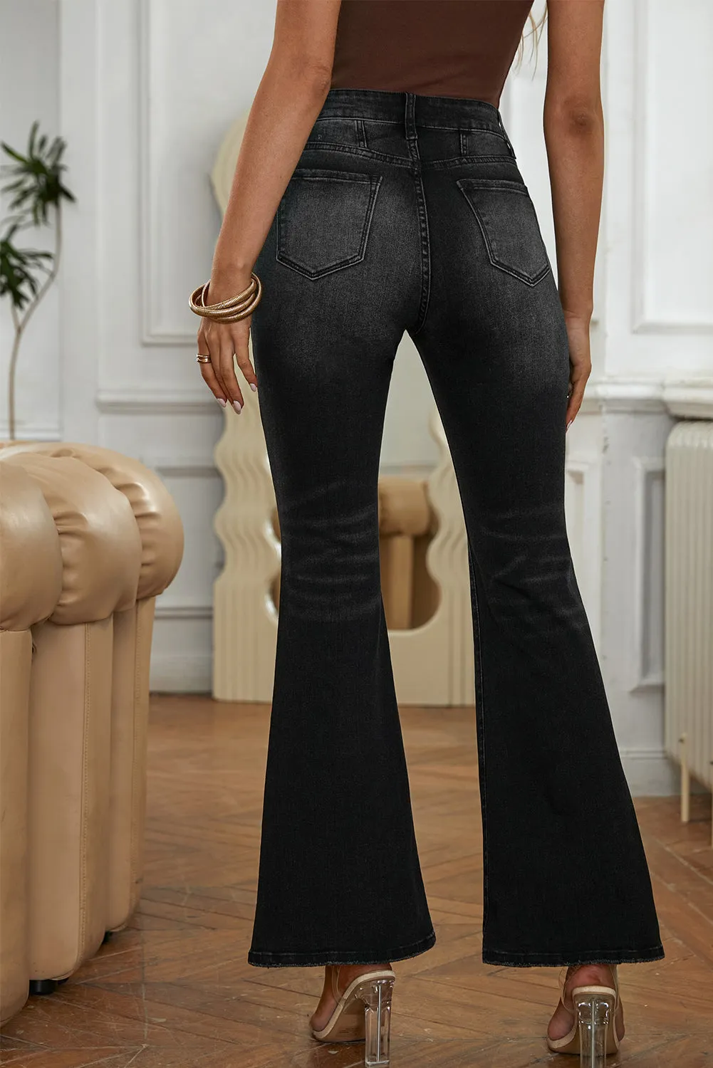 Women's Pockets Button Fly Seamed Flare Jeans