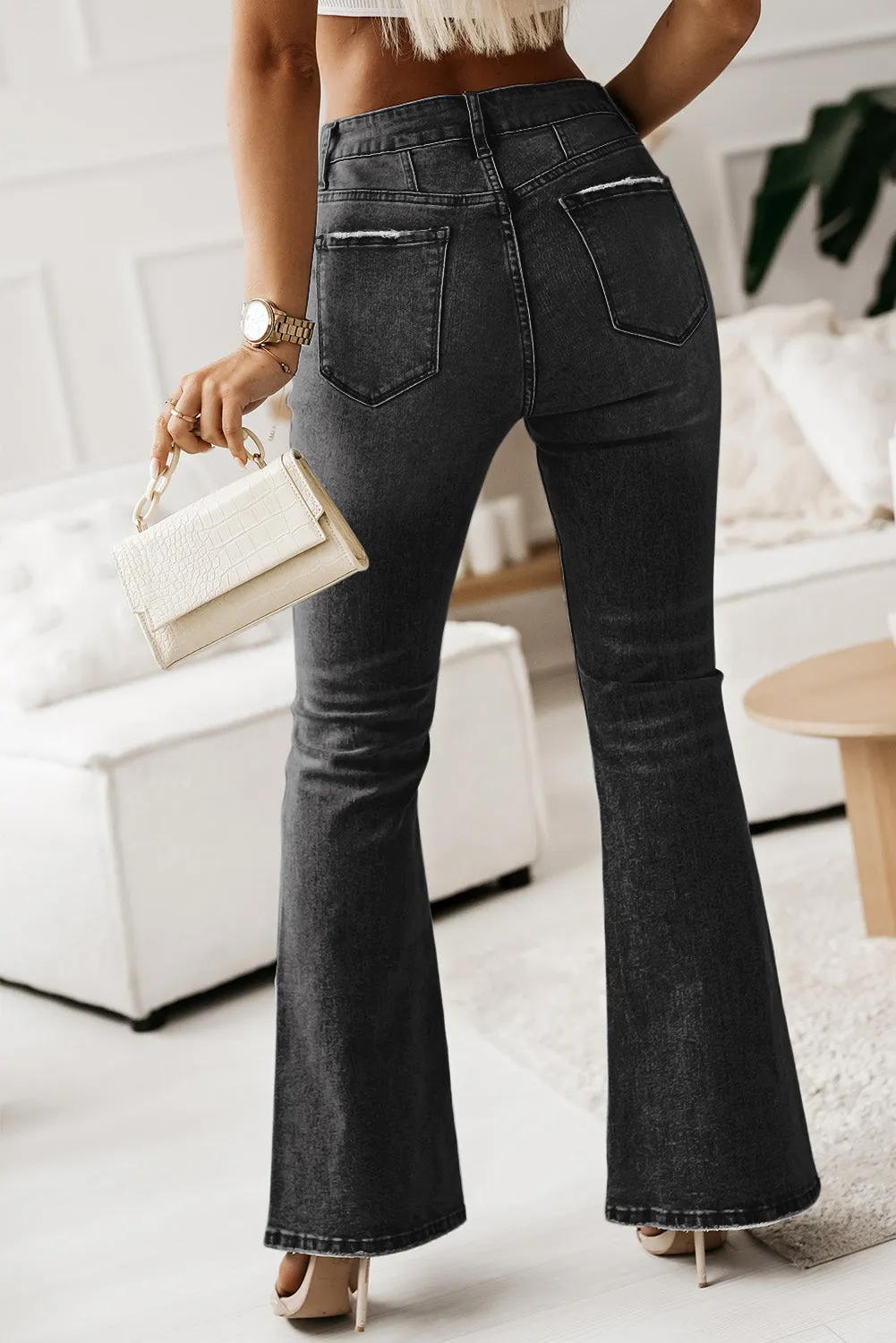 Women's Pockets Button Fly Seamed Flare Jeans