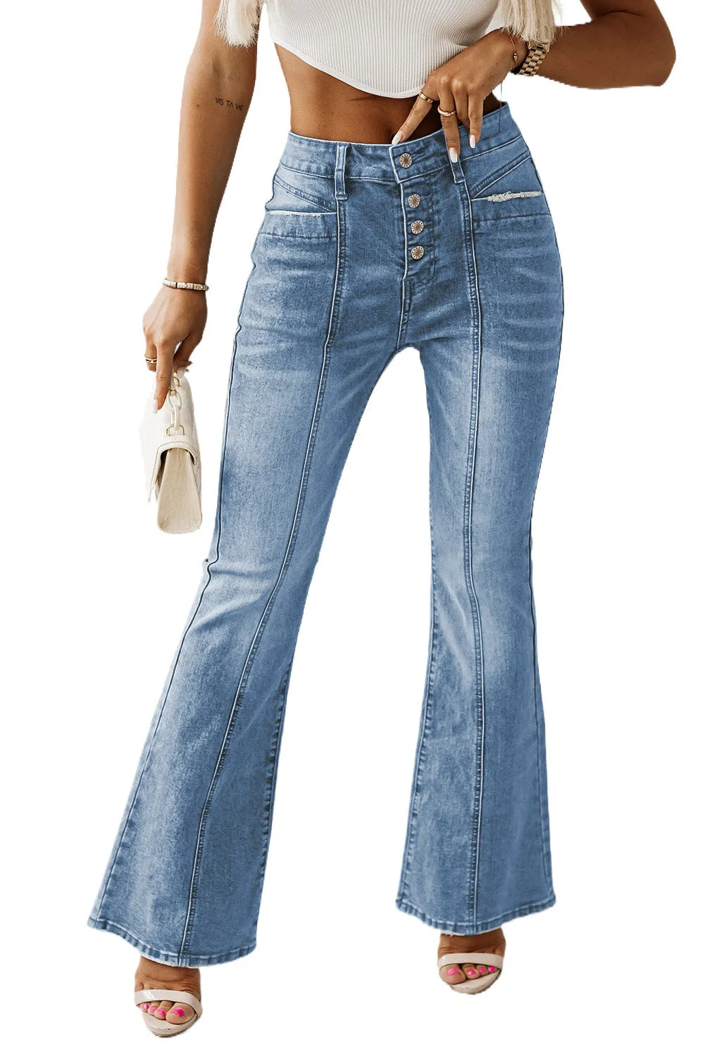 Women's Pockets Button Fly Seamed Flare Jeans