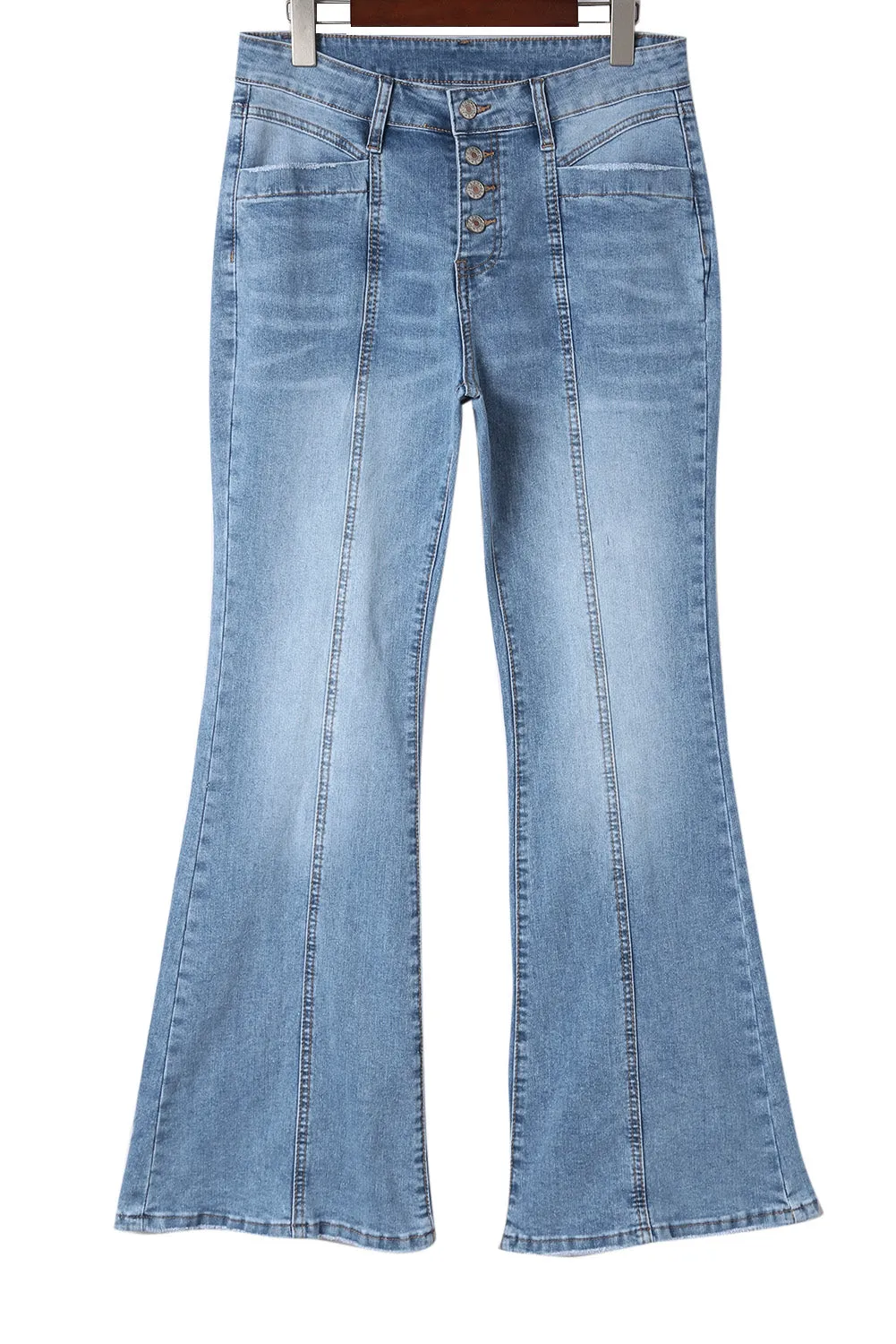 Women's Pockets Button Fly Seamed Flare Jeans