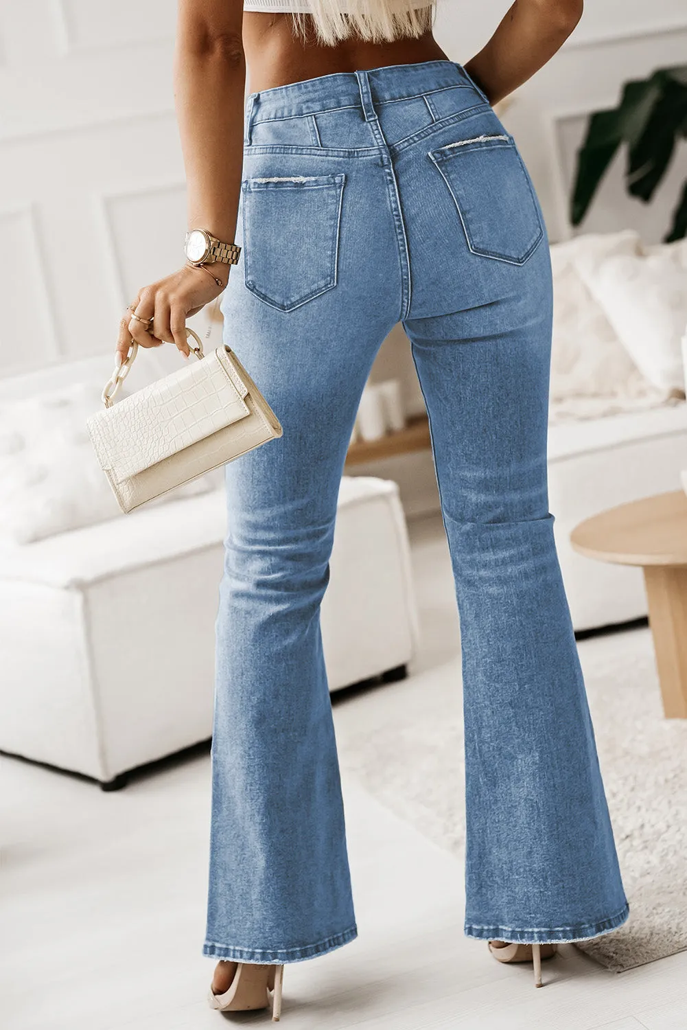 Women's Pockets Button Fly Seamed Flare Jeans