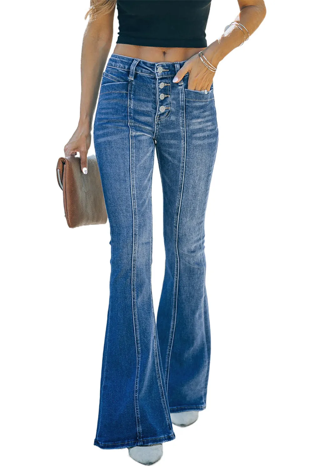 Women's Pockets Button Fly Seamed Flare Jeans