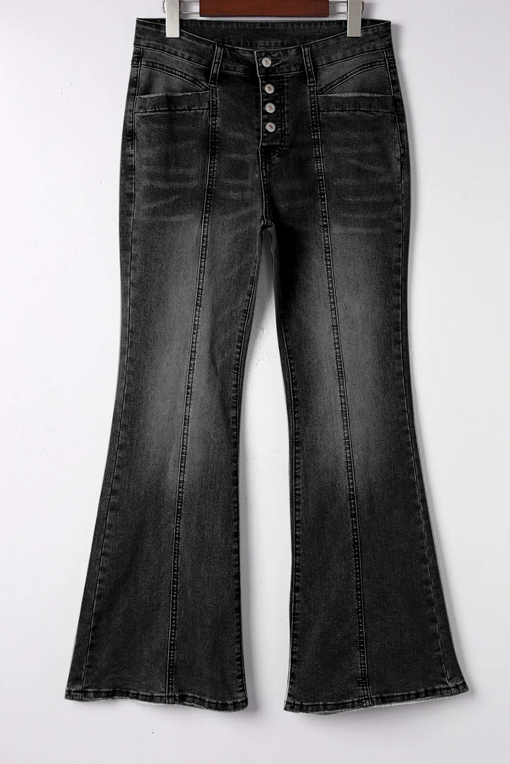 Women's Pockets Button Fly Seamed Flare Jeans