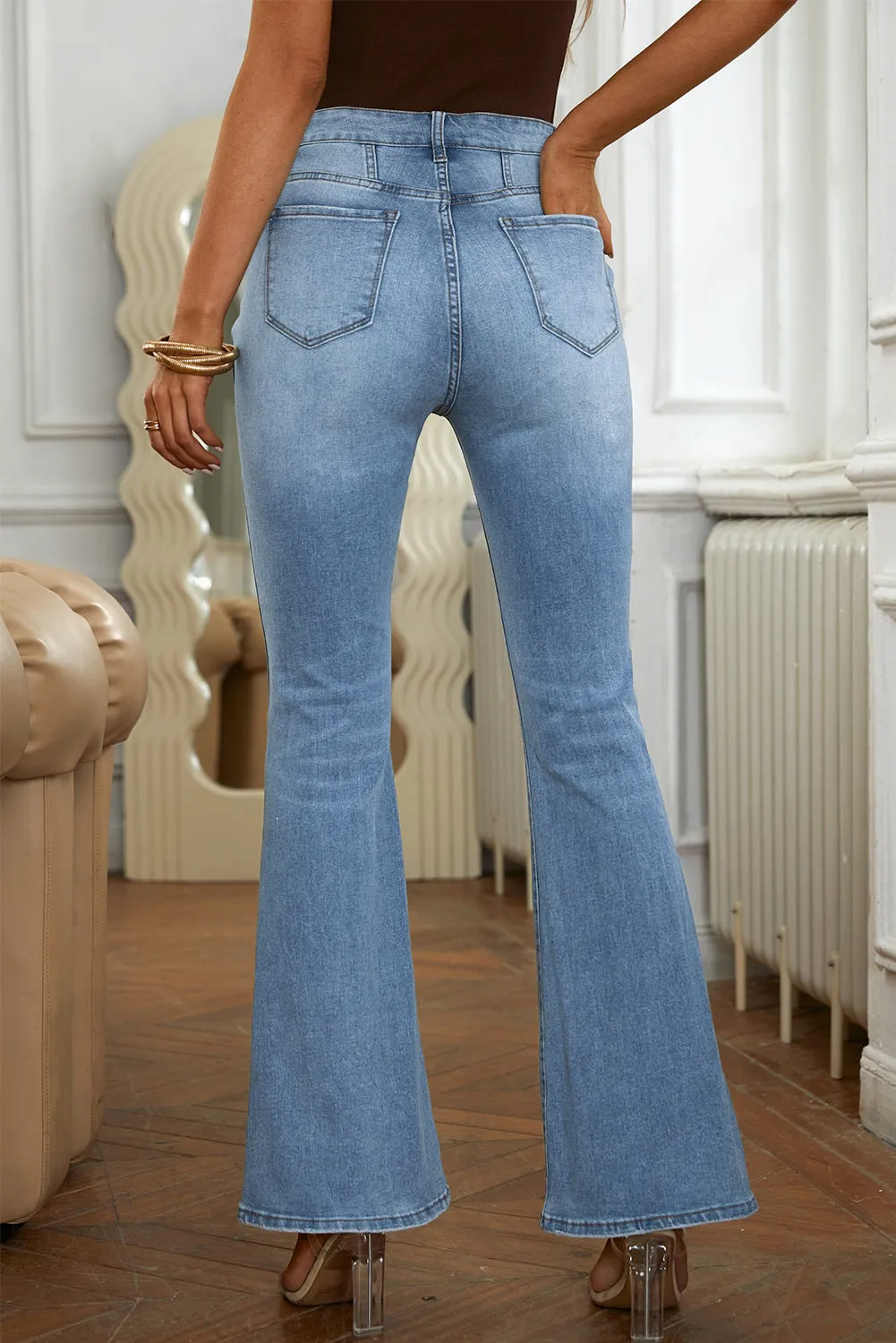 Women's Pockets Button Fly Seamed Flare Jeans