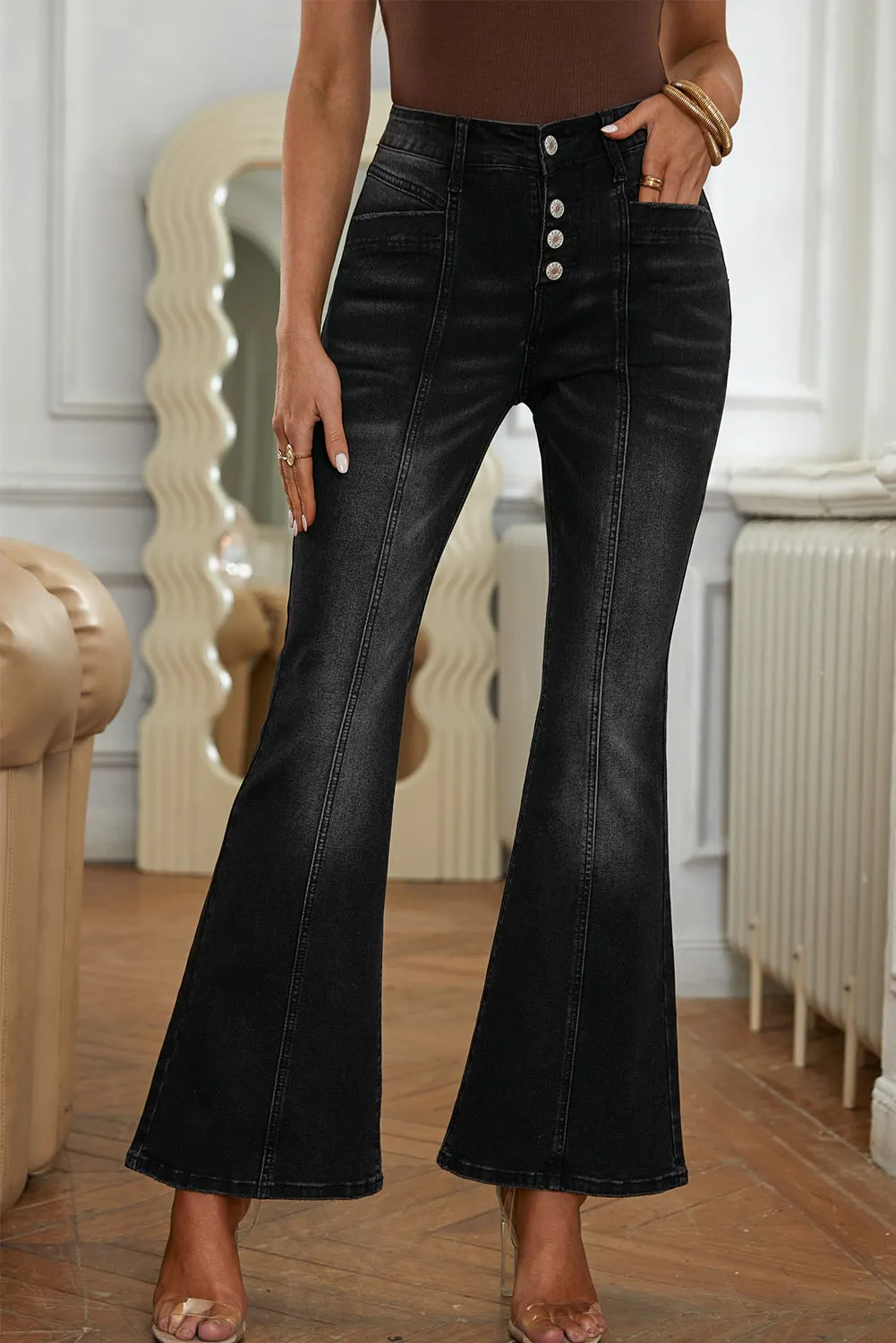 Women's Pockets Button Fly Seamed Flare Jeans