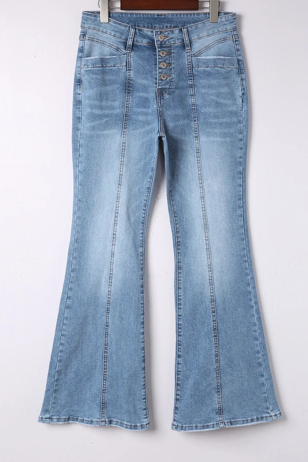 Women's Pockets Button Fly Seamed Flare Jeans