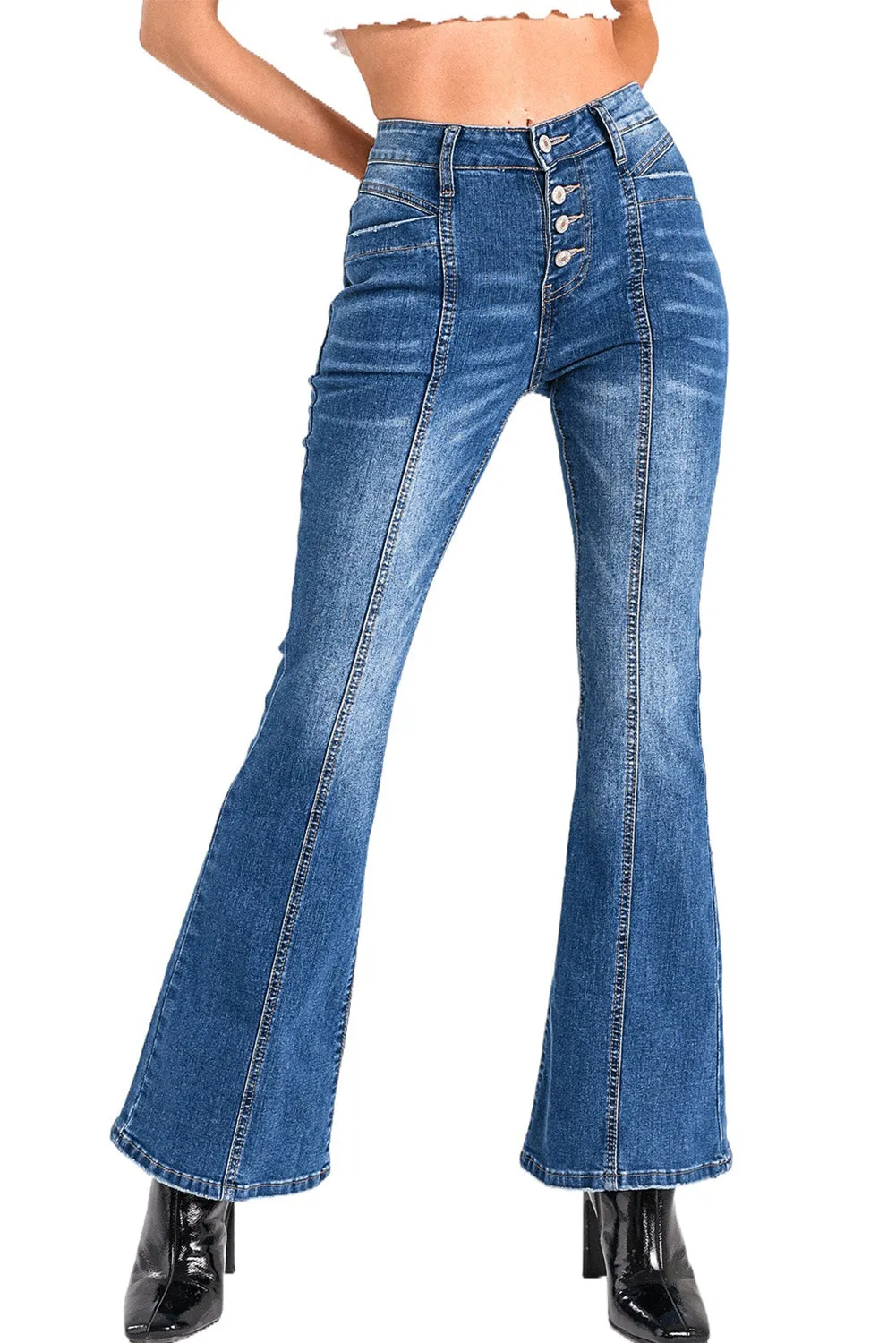 Women's Pockets Button Fly Seamed Flare Jeans