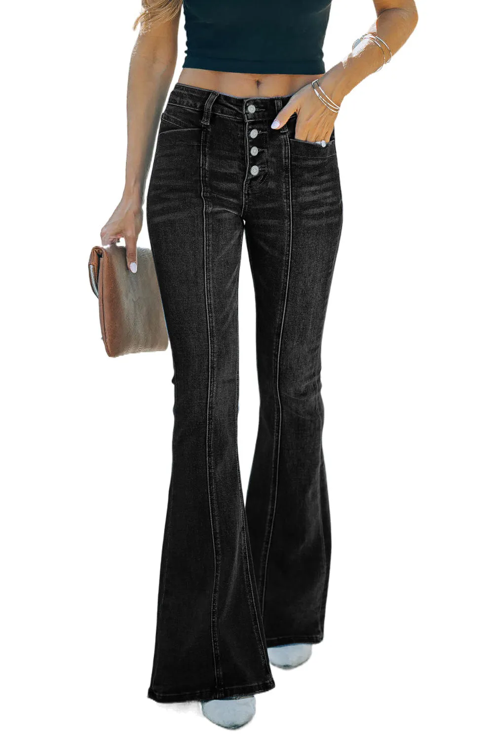 Women's Pockets Button Fly Seamed Flare Jeans