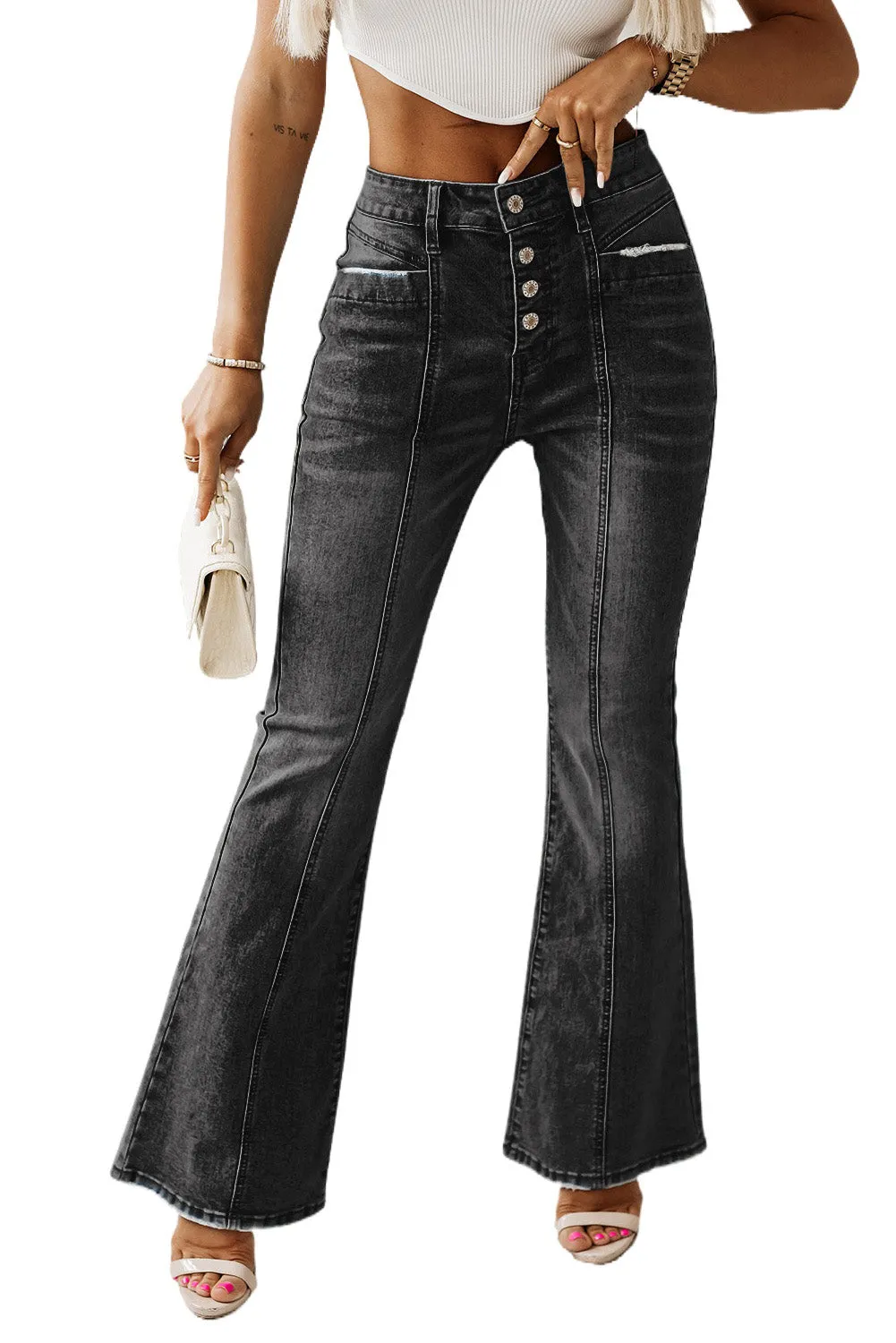 Women's Pockets Button Fly Seamed Flare Jeans