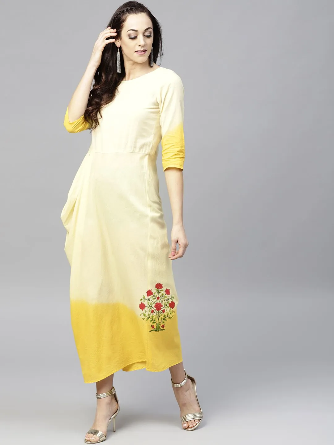 Yellow Dyed Cowl Maxi Dress With Round Neck And 3/4 Sleeves