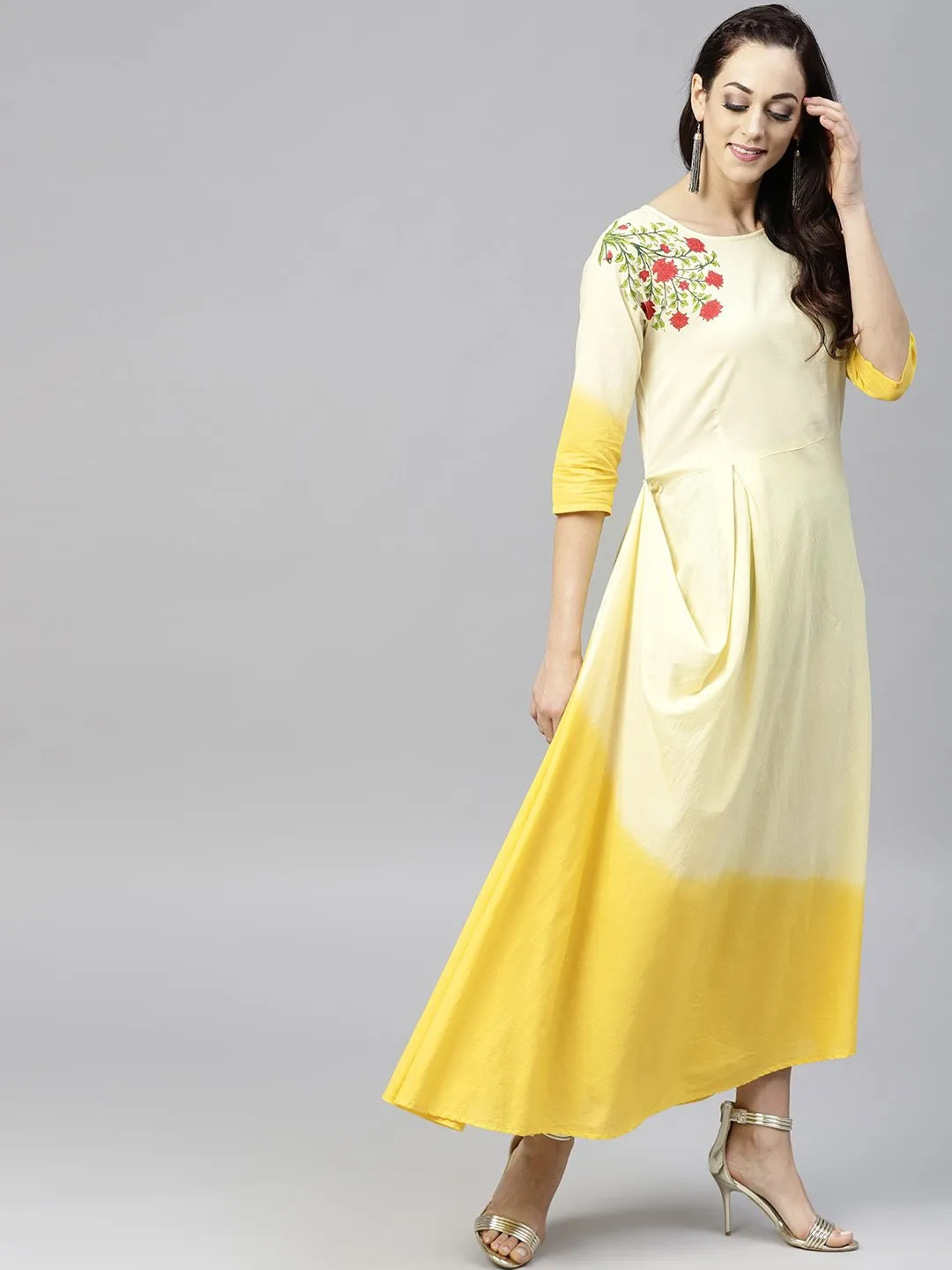 Yellow Dyed Cowl Maxi Dress With Round Neck And 3/4 Sleeves