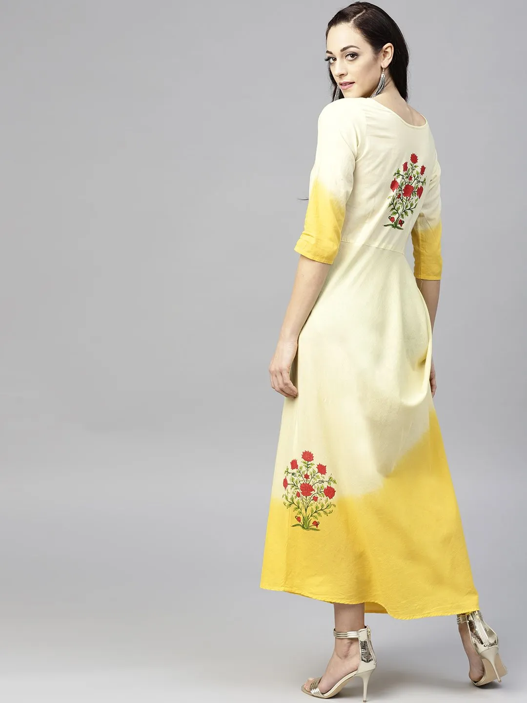 Yellow Dyed Cowl Maxi Dress With Round Neck And 3/4 Sleeves