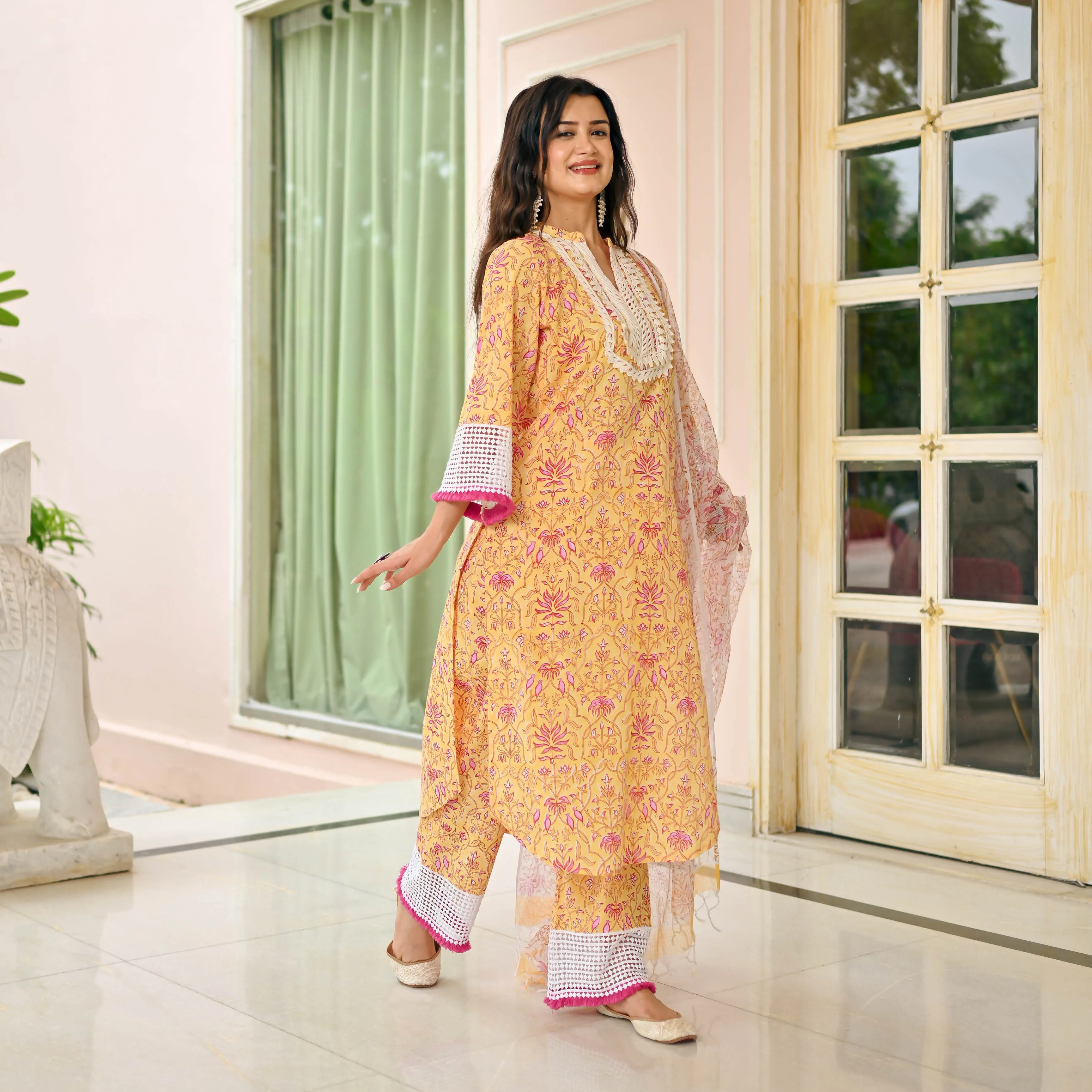 Yellow Pink Handblock Printed Suit Set